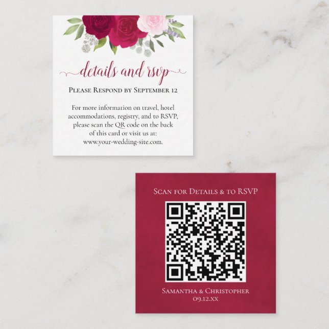 Carte D'accompagnement Magenta Rose Roses Détails du Mariage & RSVP QR Co (Devant / Derrière)