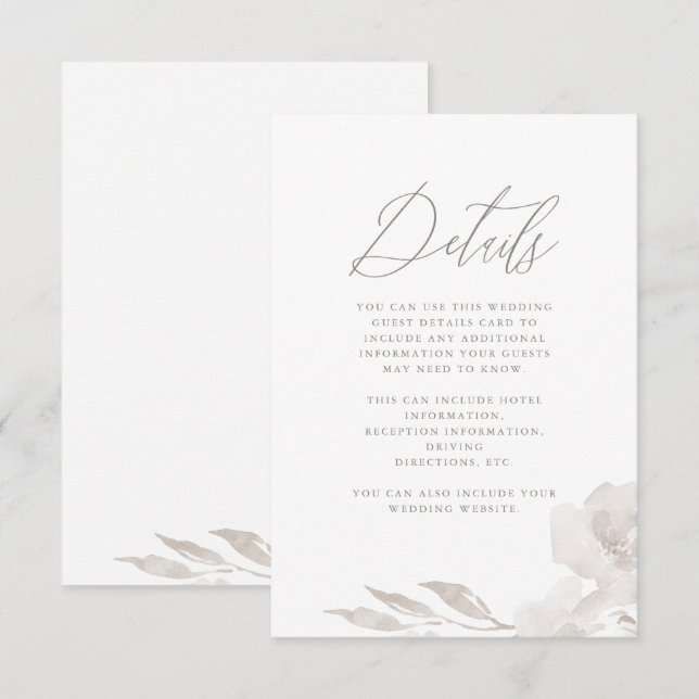Carte D'accompagnement Magnifique Mariage floral Neutre Détails de l'invi (Devant / Derrière)