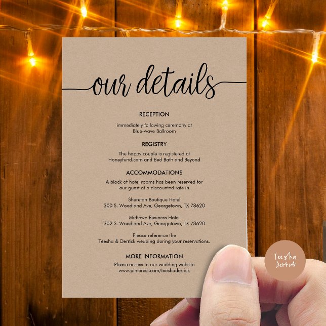 Carte D'accompagnement Magnifique Nos détails Mariages, encre noire rusti (Beautiful Our Wedding Details Enclosure Card, Rustic Cottage Design, Brown Kraft Graphic Background)