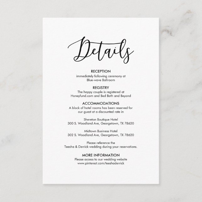 Carte D'accompagnement Magnifique Nos Mariages Détails Moderne et élégant (Devant)