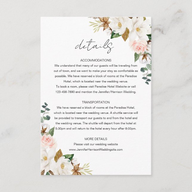 Carte D'accompagnement Magnolia rose blanc et bleu Détails du Mariage Flo (Devant)
