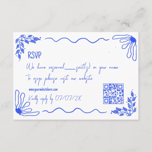 Carte D'accompagnement Main unique tiré Quirky Doodle Français Bleu RSVP (Devant)