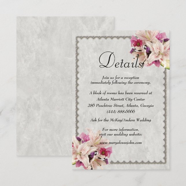 Carte D'accompagnement Marbre Floral Lily blanche Détails du Mariage (Devant / Derrière)