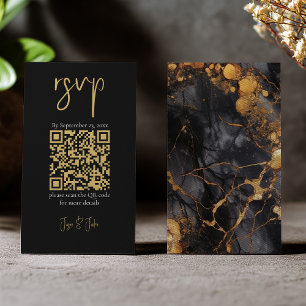 Carte D'accompagnement Marbre noir et or, code QR mariage RSVP