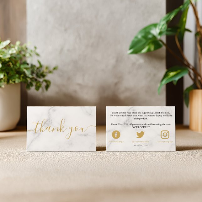 Carte D'accompagnement Marbre or et blanc, client merci (Gold and white marble effect, customer thank you enclosure card for your packaging.)