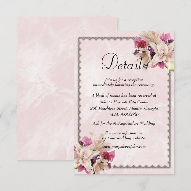 Carte D'accompagnement Marbre rose blanc Lily Détails du Mariage (Devant / Derrière)