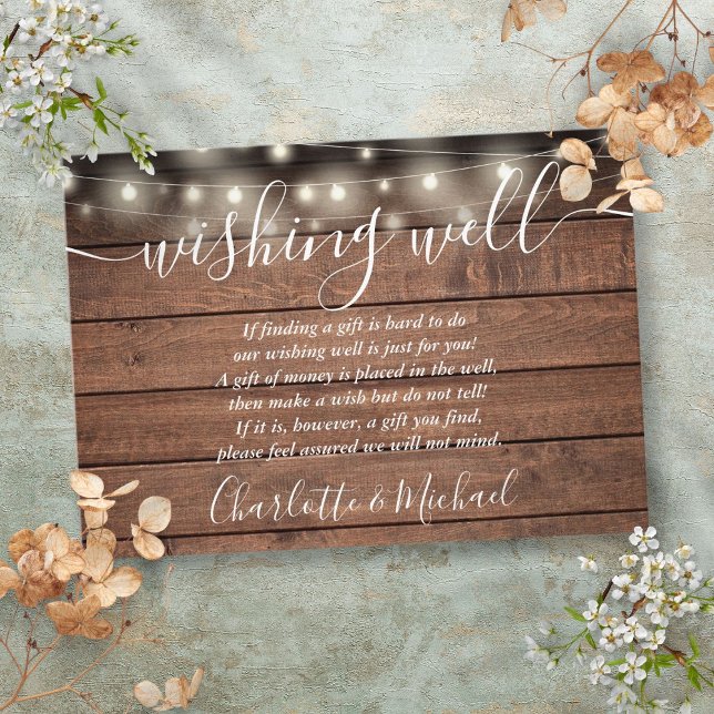 Carte D'accompagnement Mariage à cordes de bois rustique (Wishing Well Rustic Wood String Lights Wedding Enclosure Card)