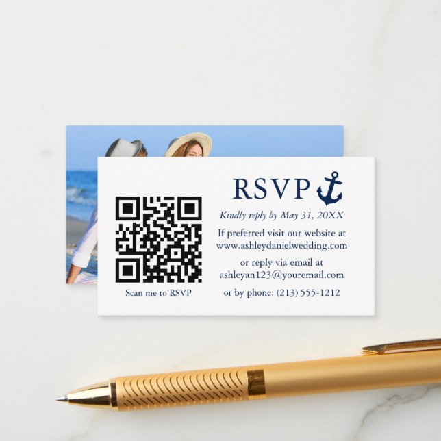 Carte D'accompagnement Mariage Ancre bleu marine RSVP QR Photo (Devant/Arrière en situation)