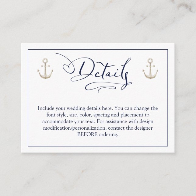Carte D'accompagnement Mariage Ancre marine bleu Détails du script (Devant)