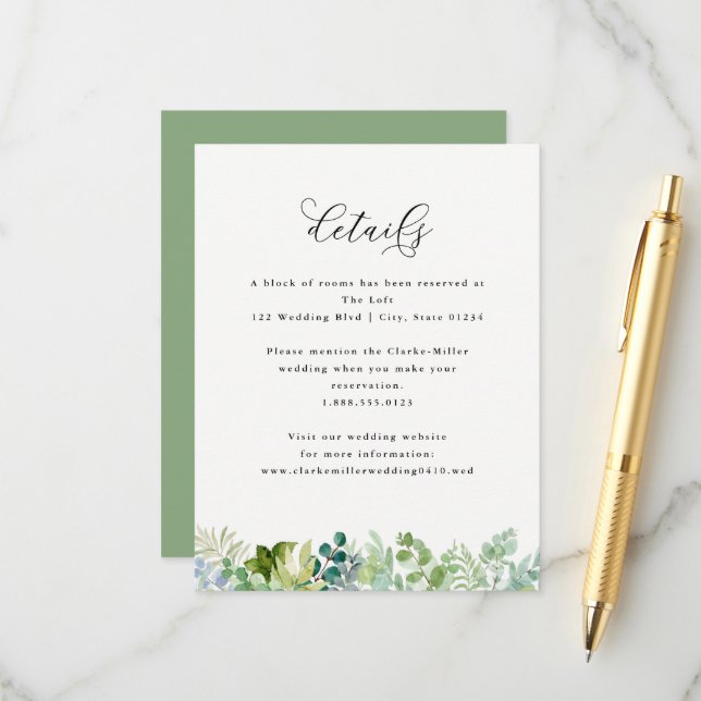 Carte D'accompagnement Mariage-Aquarelle Détails sur la verdure et le feu (Devant/Arrière en situation)