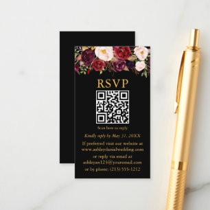 Carte D'accompagnement Mariage Aquarelle Floral Bourgogne QR RSVP Noir