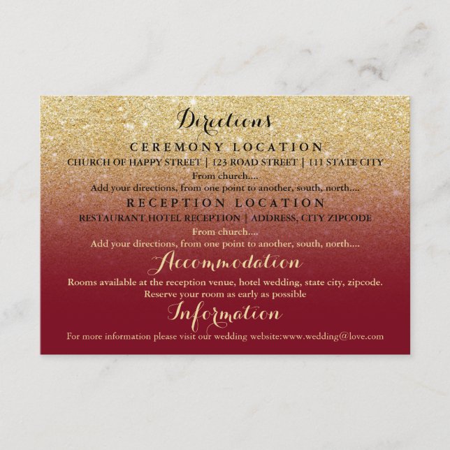Carte D'accompagnement Mariage avec détails bordeaux et paillettes dorées (Devant)