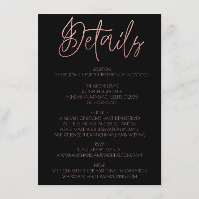 Carte D'accompagnement Mariage Black & Rose Gold Parties scintillant Déta (Devant)