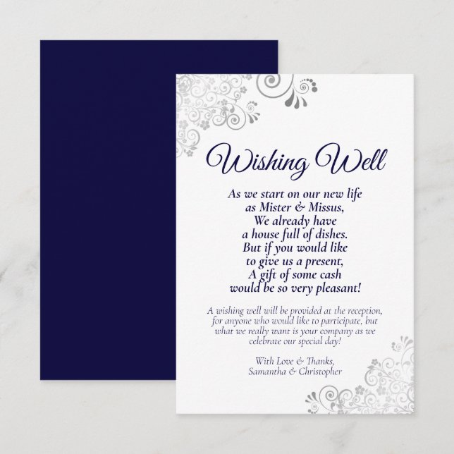 Carte D'accompagnement Mariage blanc bleu marine et argenté désirant bien (Devant / Derrière)