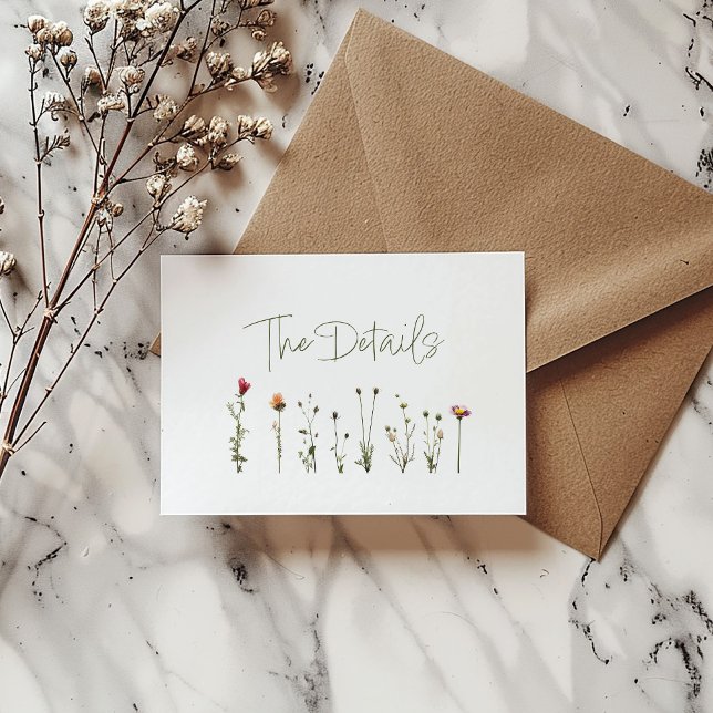 Carte D'accompagnement mariage blanc fleur sauvage détails (Pretty wild flowers wedding "The Details" card.)