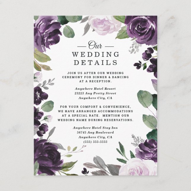 Carte D'accompagnement Mariage blanc floral élégant violet et argenté (Devant)