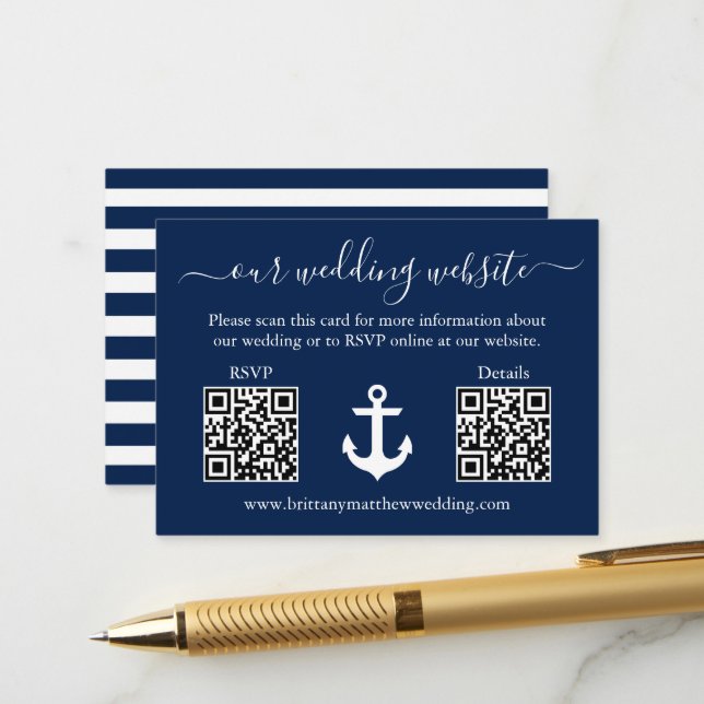 Carte D'accompagnement Mariage Bleu Ancre 2 QR RSVP Détails Strié (Devant/Arrière en situation)