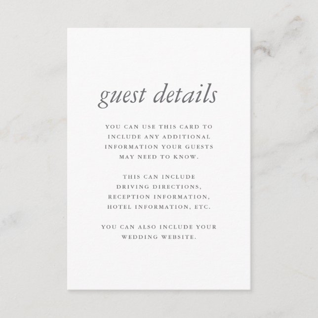 Carte D'accompagnement Mariage bleu chic et minimal Détails de l'invité (Devant)