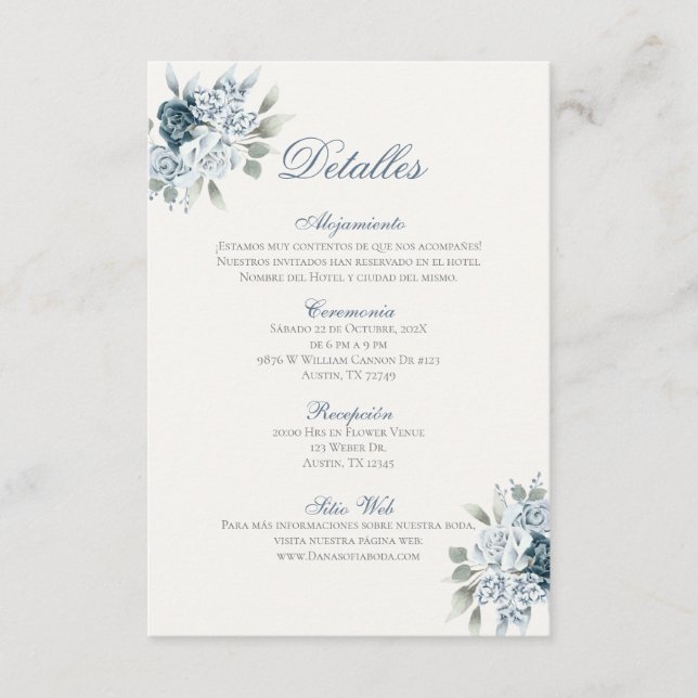 Carte D'accompagnement Mariage bleu espagnol Détalles de la Boda (Devant)