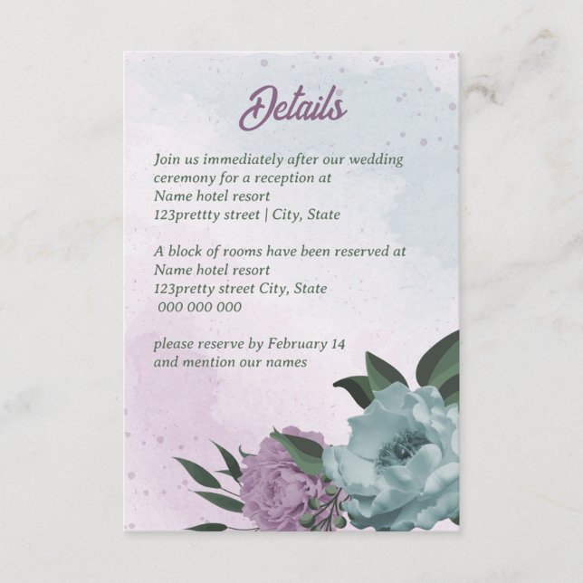 Carte D'accompagnement mariage botanique de fleurs bleues violettes (Devant)