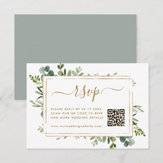 Carte D'accompagnement Mariage Botanique Gold Greenery RSVP avec code QR (Devant / Derrière)