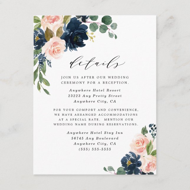 Carte D'accompagnement Mariage campagnard floral bleu marine et rose pâle (Devant)