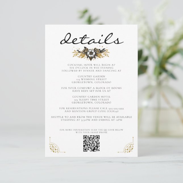 Carte D'accompagnement Mariage campagnard noir et or (Debout devant)