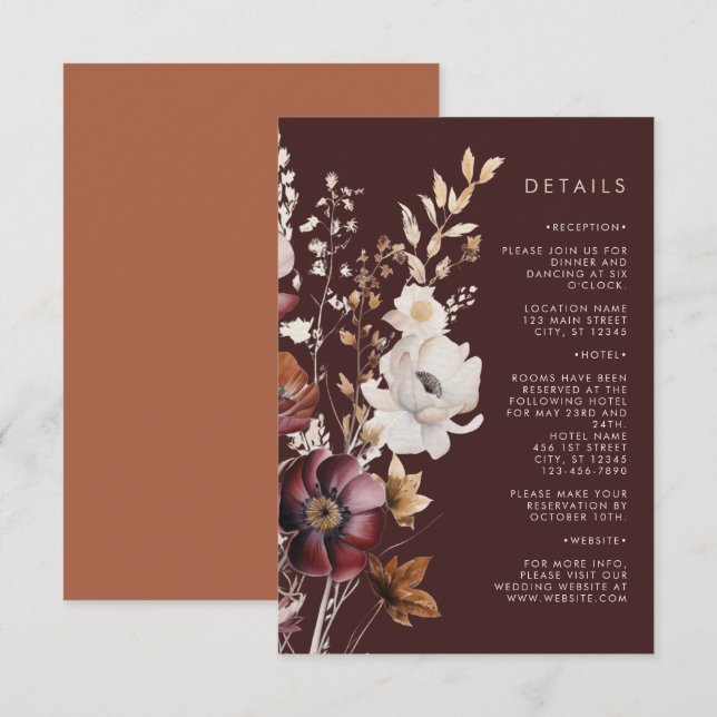 Carte D'accompagnement Mariage Champêtre Bohème Fleur Brun Automne (Devant / Derrière)