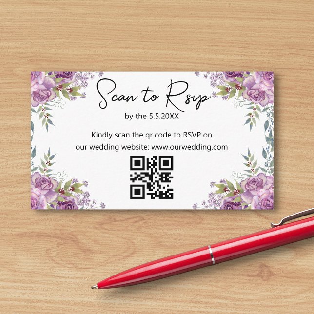 Carte D'accompagnement mariage code QR RSVP floral aquarelle violet (Créateur téléchargé)