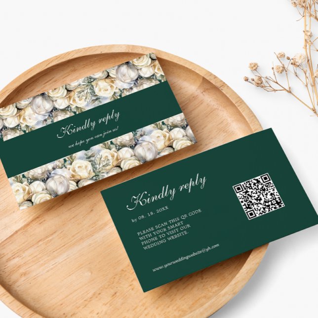 Carte D'accompagnement Mariage code QR RSVP Roses Blanches Vert Émeraude (Créateur téléchargé)