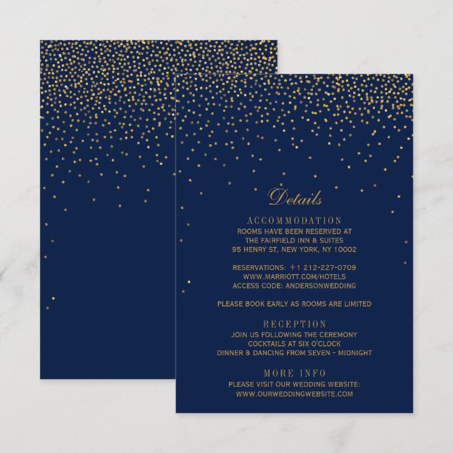 Carte D'accompagnement Mariage Confetti en or bleu marine et glam (Devant / Derrière)