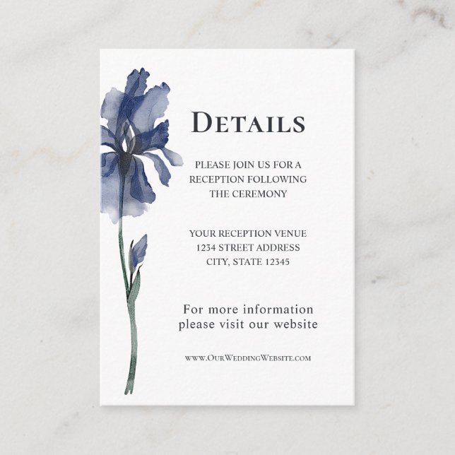 Carte D'accompagnement Mariage d'aquarelle florale bleu Iris (Devant)