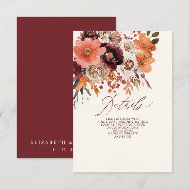 Carte D'accompagnement Mariage de automne Floral Orange Bourgogne (Devant / Derrière)