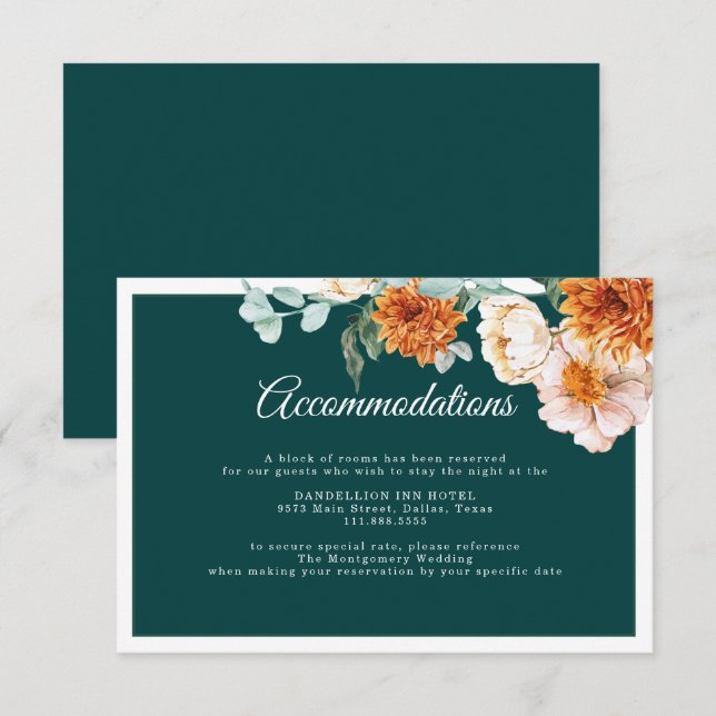 Carte D'accompagnement Mariage de automne turquoise Orange Floral (Devant / Derrière)