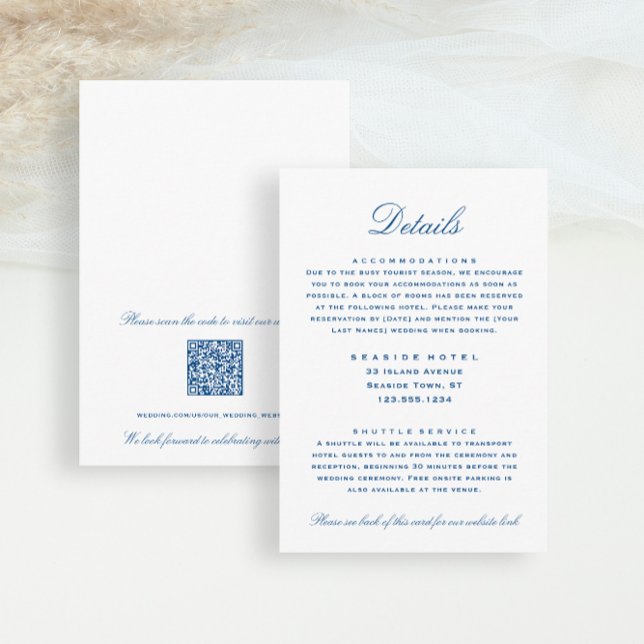 Carte D'accompagnement Mariage de basse rayée Détails Info hôtel Code QR (Elegant Details Hotel Information Wedding Insert card in elegant navy blue from Concertina Press)