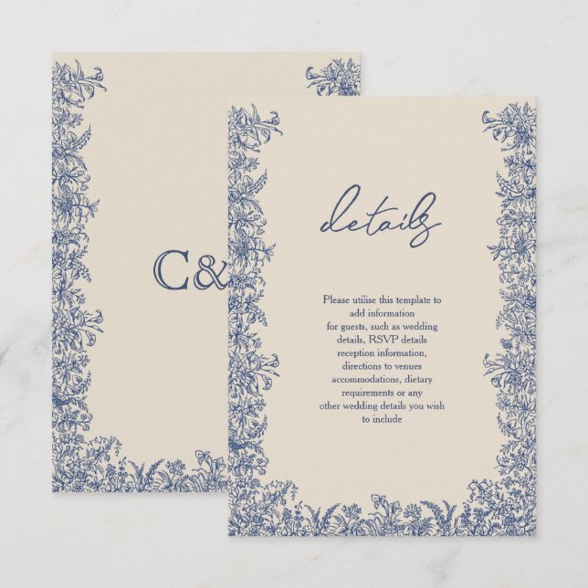 Carte D'accompagnement Mariage de bordure floral bleu (Devant / Derrière)