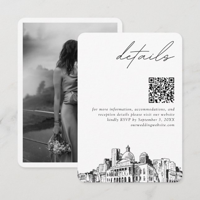 Carte D'accompagnement Mariage de Boston Détails modernes Code QR (Devant / Derrière)