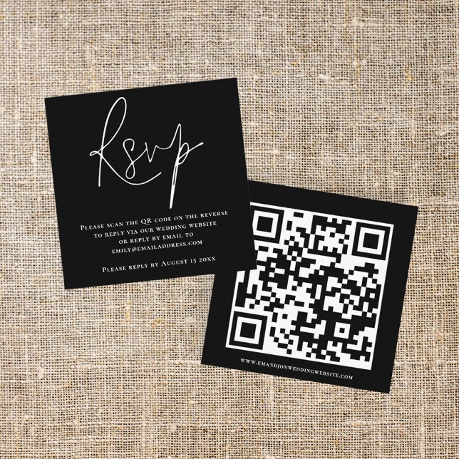 Carte D'accompagnement Mariage de code QR de script blanc noir RSVP Enclô (Créateur téléchargé)