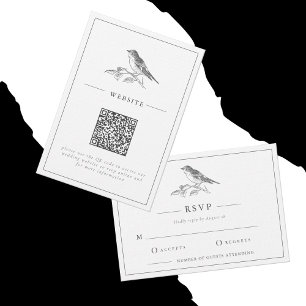 Carte D'accompagnement Mariage de code QR noir et blanc vintage Bird