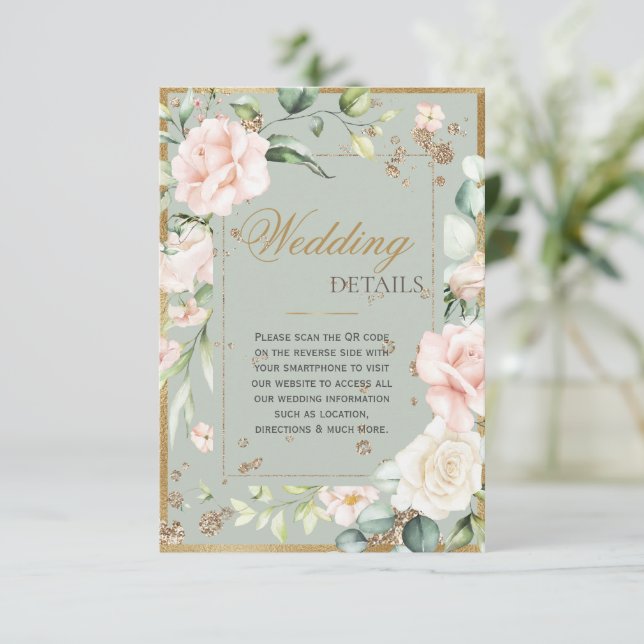Carte D'accompagnement Mariage de code QR Sage Green Gold (Debout devant)