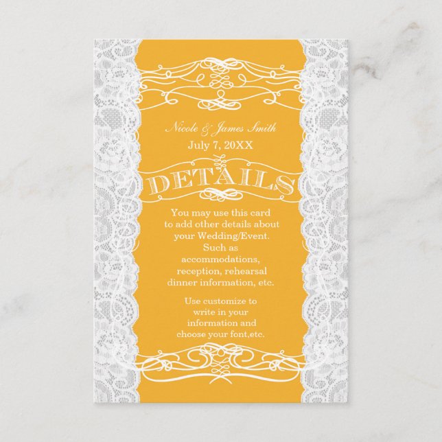 Carte D'accompagnement Mariage de dentelle jaune et blanc informations dé (Devant)