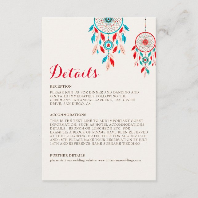 Carte D'accompagnement Mariage de Dreamcatcher en plumes de la tribu Boho (Devant)