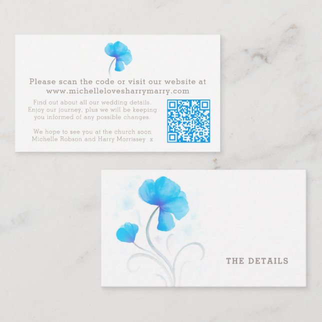 Carte D'accompagnement Mariage de fleurs d'aquarelle bleue QR information (Devant / Derrière)