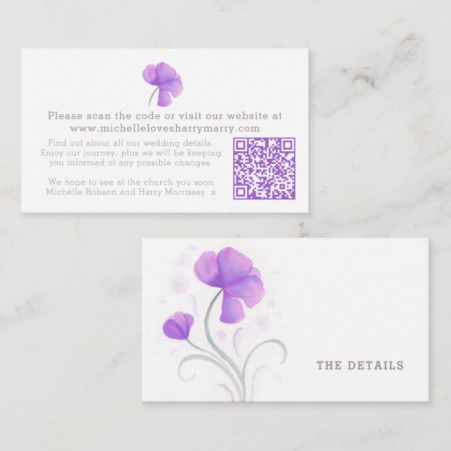 Carte D'accompagnement Mariage de fleurs d'aquarelle violet QR informatio (Devant / Derrière)