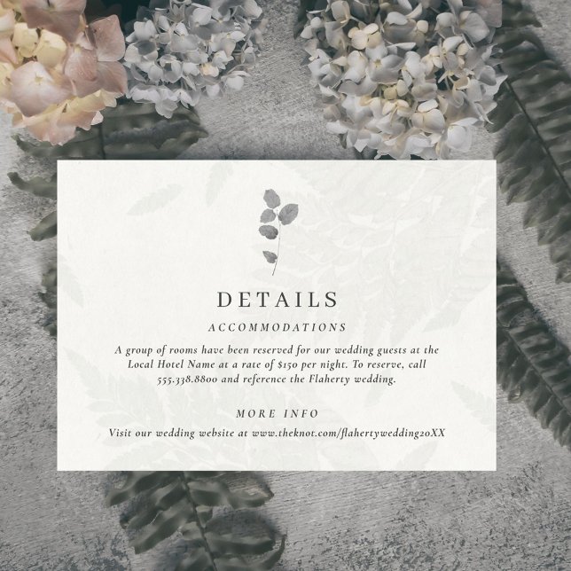 Carte D'accompagnement Mariage de la feuille botanique gris (Elegant botanical leaf wedding details card. Features a light gray faux leaf pattern.)