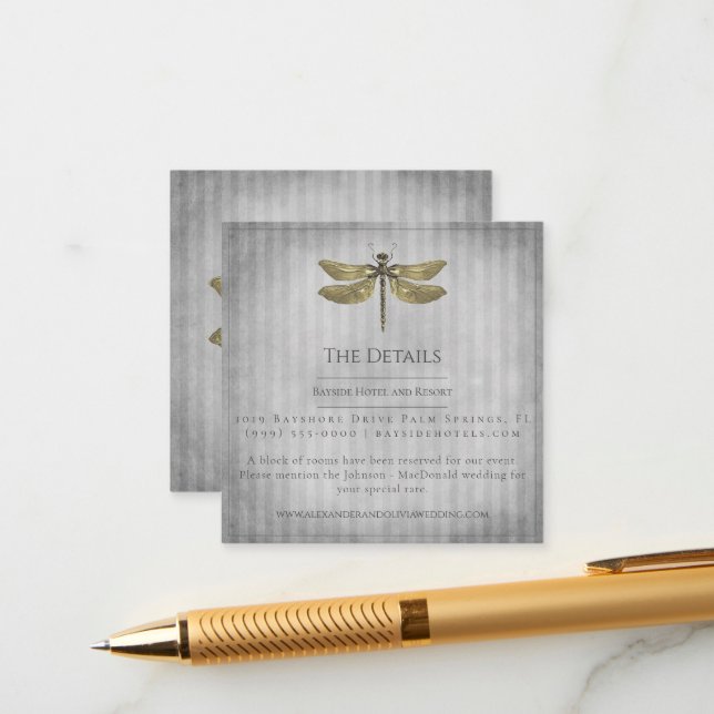 Carte D'accompagnement Mariage de libellules à bijoux en or (Devant/Arrière en situation)