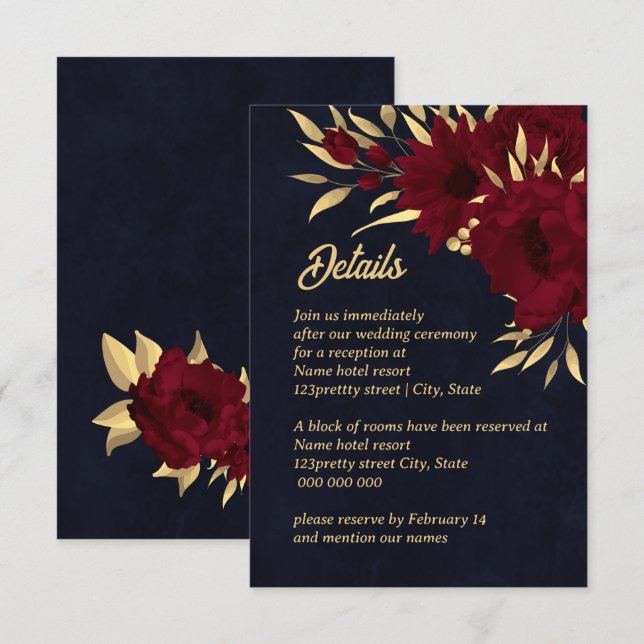 Carte D'accompagnement Mariage de marine chic bordeaux et or (Devant / Derrière)