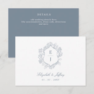 Carte D'accompagnement Mariage de monogramme de crête florale bleu-poussi