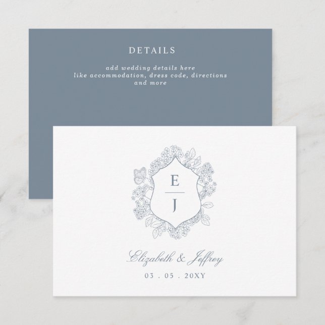 Carte D'accompagnement Mariage de monogramme de crête florale bleu-poussi (Devant / Derrière)