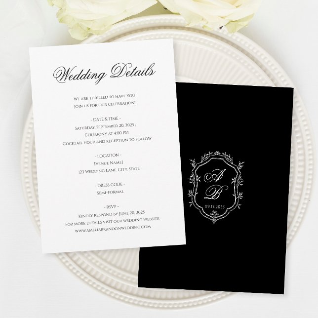 Carte D'accompagnement Mariage de monographie florale blanc noir minimal (Créateur téléchargé)